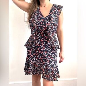 Michael Kors Floral Print Mini Garden Mix Ruffle Zip Tropical V-Neck Dress Small